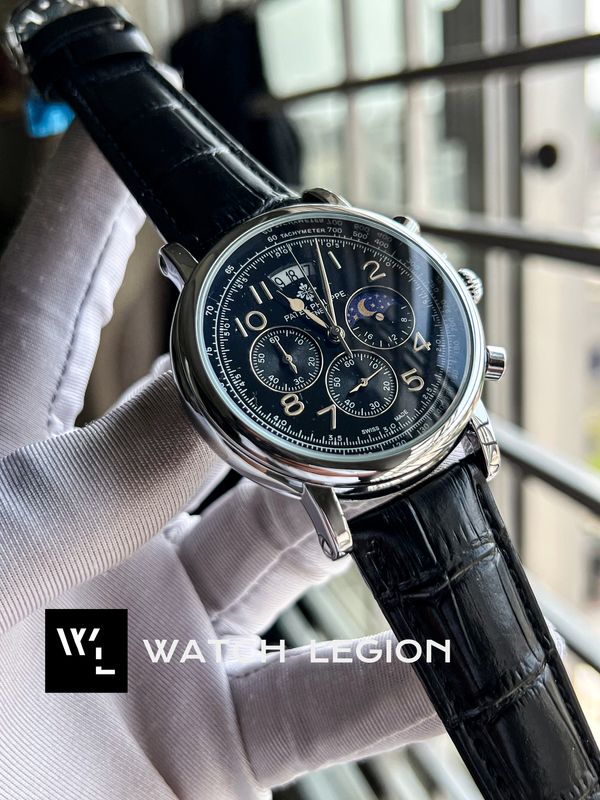 PATEK BLACK BELT SILVER CASE SIMPLE BLK DIAL