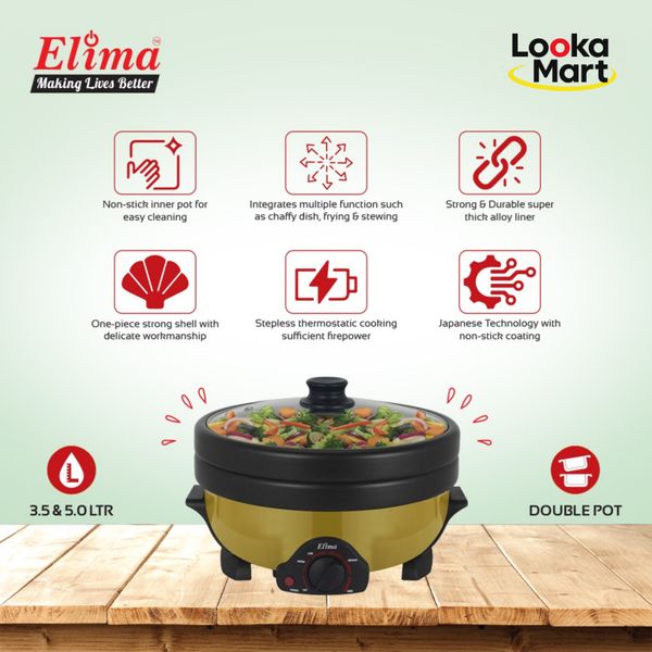 Elima EM-MC500 Double Pot Electric Multi Cooker 5.0 L- Gold Color