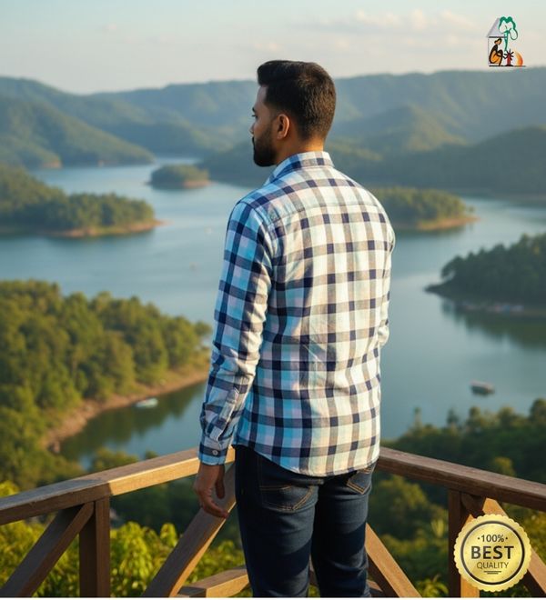 Men Casual Full Shirt Fresh & Modern: Slim Fit Light Blue Check Cotton