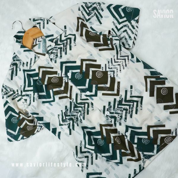 Green & White Print Cuban Shirt