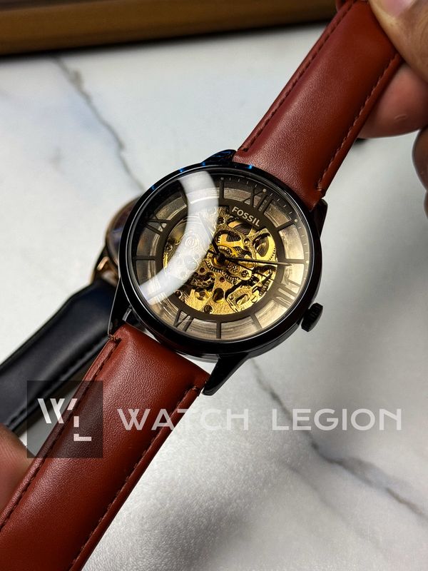 FOSSIL AUTO SKELETON LIGHT BROWN BELT BLACK CASE