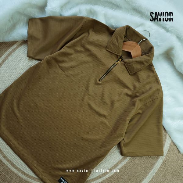 Light Brown Color Drop Shoulder Zipper Polo