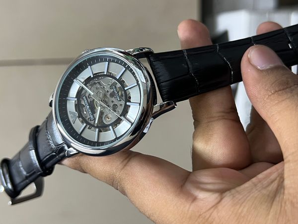 ARMANI AUTO BLACK BELT SILVER CASE WHITE DIAL