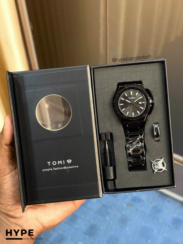 TOMI T-301 Men's Luxury Stainless Steel Watch Gift Box Set (Black)
