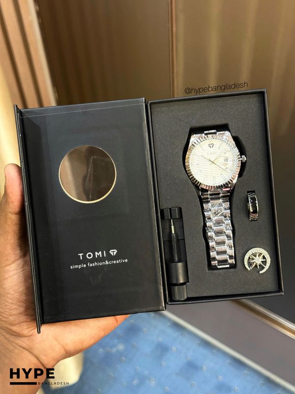 TOMI T-304 Men's Luxury Stainless Steel Watch Gift Box Set (White)