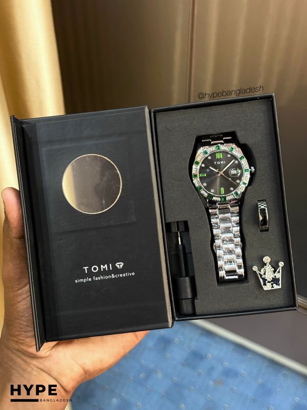 TOMI T-305 Men's Luxury Stone Stainless Steel Watch Gift Box Set (Black)
