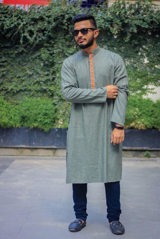Men's Embroidery Panjabi - Olive Orange