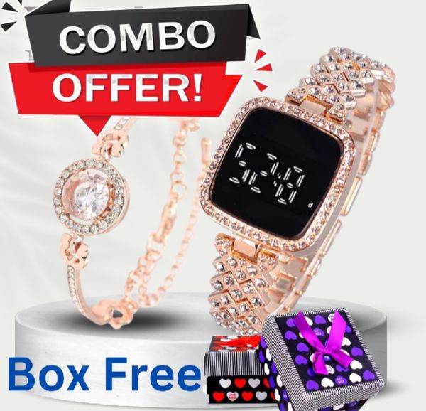 LED Display Digital Touch Screen Wristwatch & Bracelet For Women 2Pcs Combo