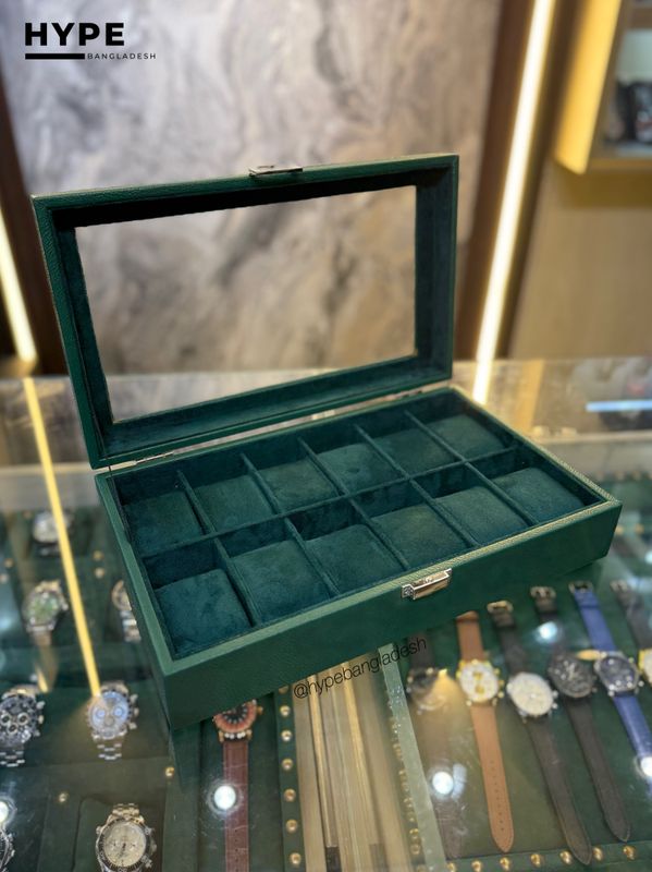 12 Slots Leather Watch Organizer Box (Green)