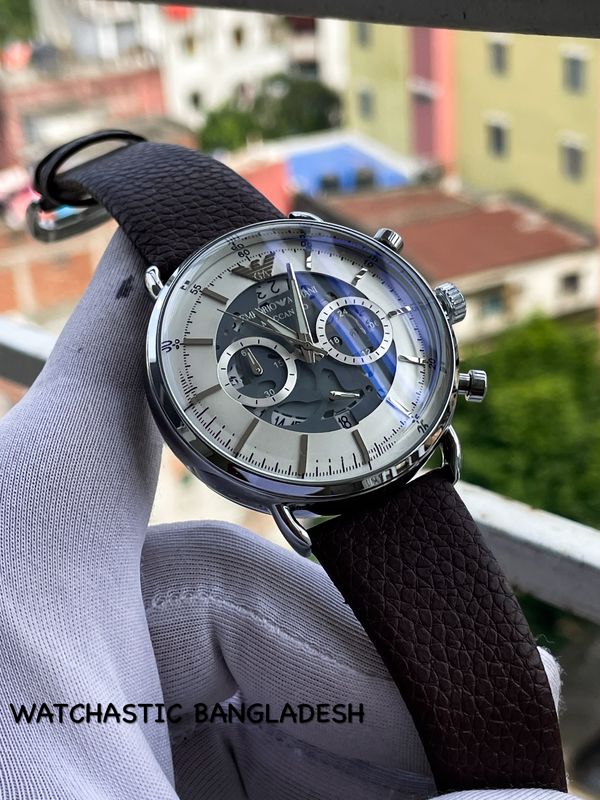 Armani Oval Glass Silver Case White Dial Brown Belt