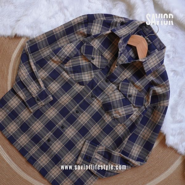 Navy Brown - Double Pocket Full Sleeve Check Shirt