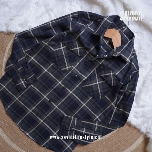 Navy Gray - Double Pocket Full Sleeve Check Shirt