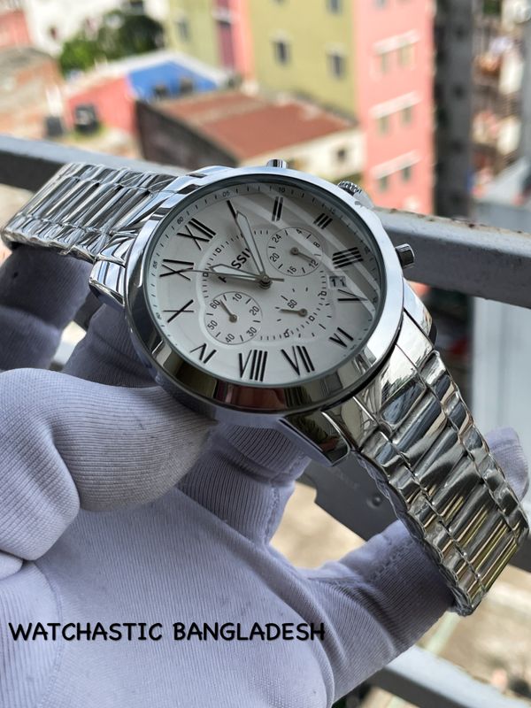 Fossil Quartz Chain Chrono White Dial