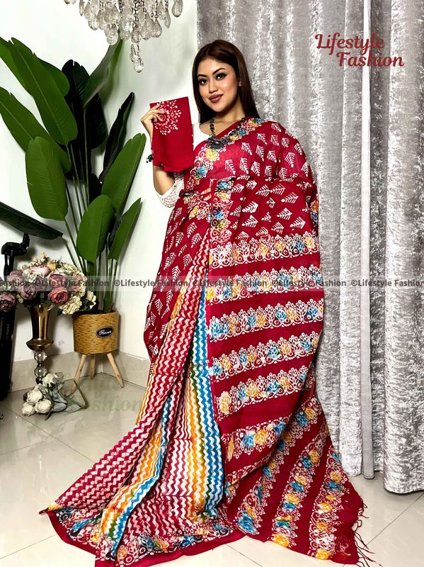 প্রিমিয়াম কোয়ালিটি ও আরামদায়ক ভেজিটেবল কালারফুল কটন বাটিক শাড়ি( LF-25-78)