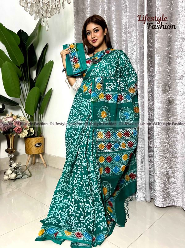 প্রিমিয়াম কোয়ালিটি ও আরামদায়ক ভেজিটেবল কালারফুল কটন বাটিক শাড়ি (LF-25-79)