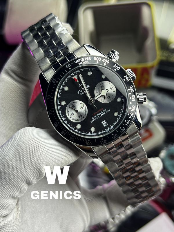 Tudor Chronograph Black Dial Silver Chain