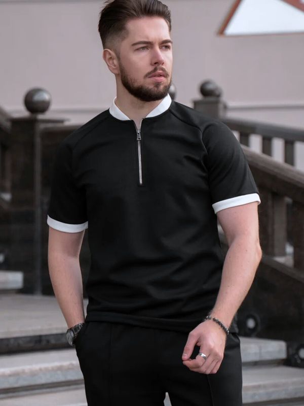 Blackdoo Men’s Mock Neck Zipper Polo | Black