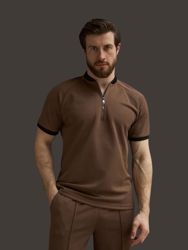 Blackdoo Men’s Mock Neck Zipper Polo | Coffe