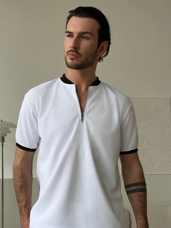 Mock Neck Zipper Polo Shirt | White