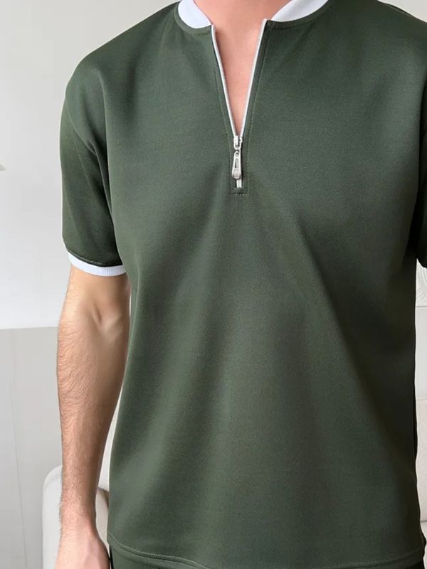 Mock Neck Zipper Polo Shirt | Bottle Green