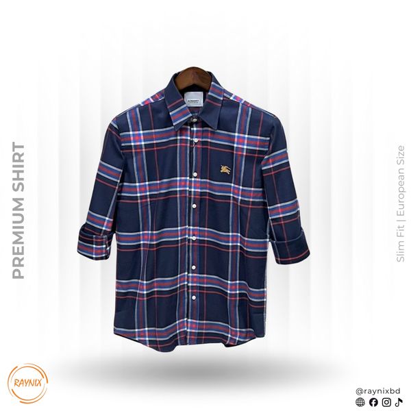 Burberry Men’s Premium Navy & Royal Blue Plaid Slim-Fit Casual Shirt
