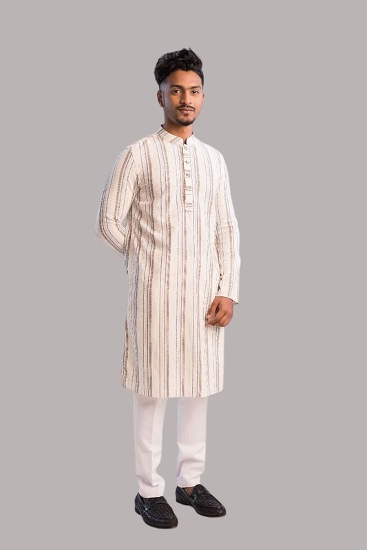 Cotton Classic Panjabi for Men- Off White with Brown Stripe(PJB-001)