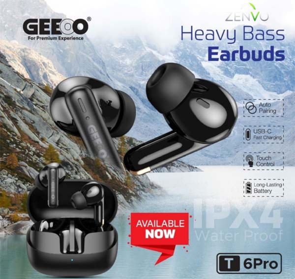 Geeoo T6 Pro Heavy Bass Wireless Earbuds – Black