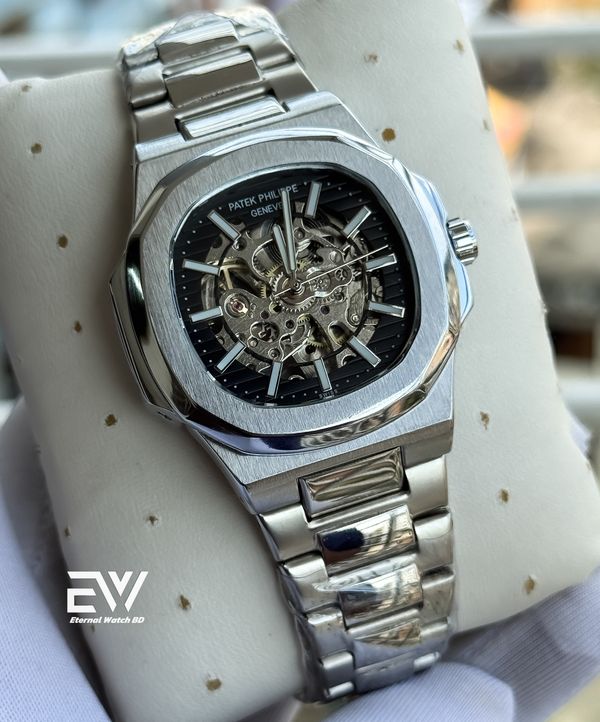 PATEK AUTO SKELETON SILVER BODY BLACK DIAL