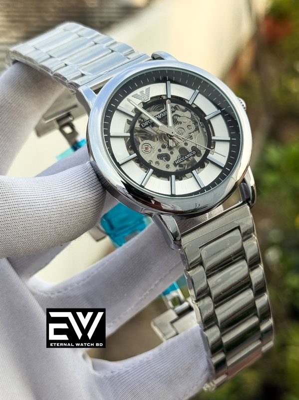 ARMANI AUTOMATIC SILVER CHAIN WHITE DIAL BLACK DIGIT
