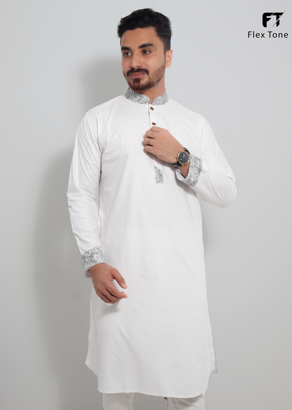 Samsung cotton contrast panjabi - white-silver