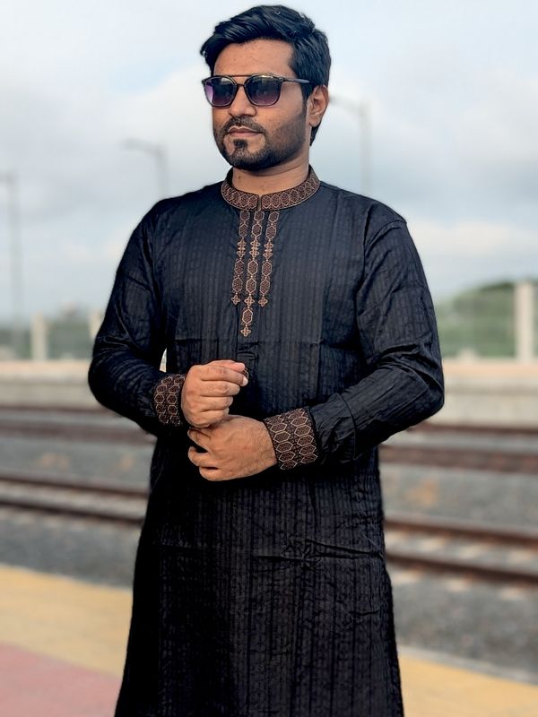 Premium Elite embroidered cuff style black panjabi