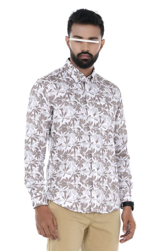 Men Casual Full Shirt Beige & Light Grey Floral Print Cotton Shirt | Slim-Fit | Long Sleeve | Palli