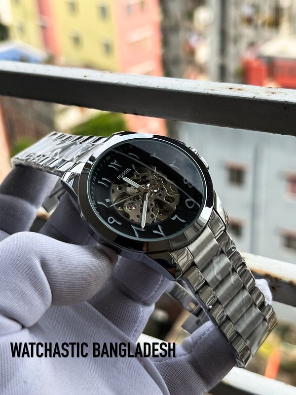 Fossil Auto Silver Chain Black Dial