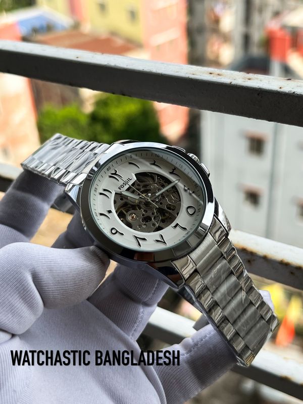 Fossil Auto Silver Chain White Dial