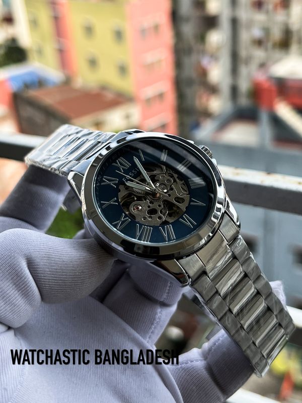 Fossil Auto Silver Chain Blue Dial