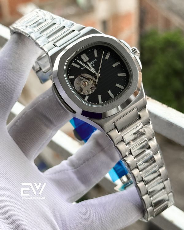 PATEK PHILLIPE AUTOMATIC BLACK DIAL SILVER CASE