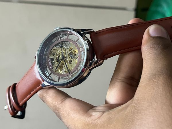 FOSSIL AUTO SKELETON LIGHT BROWN BELT SILVER CASE