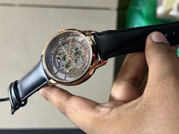 FOSSIL AUTO SKELETON BLACK BELT ROSE GOLD CASE
