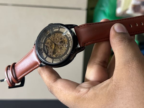 FOSSIL AUTO SKELETON LIGHT BROWN BELT BLACK CASE