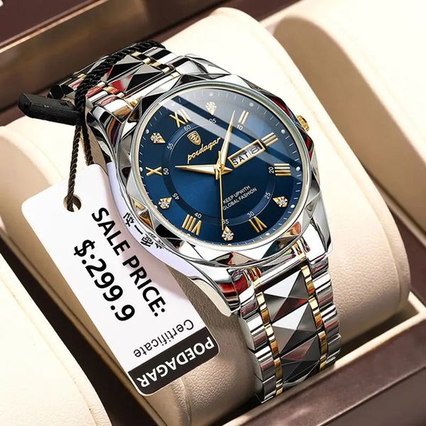 POEDAGAR 615 Luxury Business Man Wristwatch Waterproof Luminous Date Week Men Watch For Men Quartz Clock Stainless Steel Men’s Watches Reloj