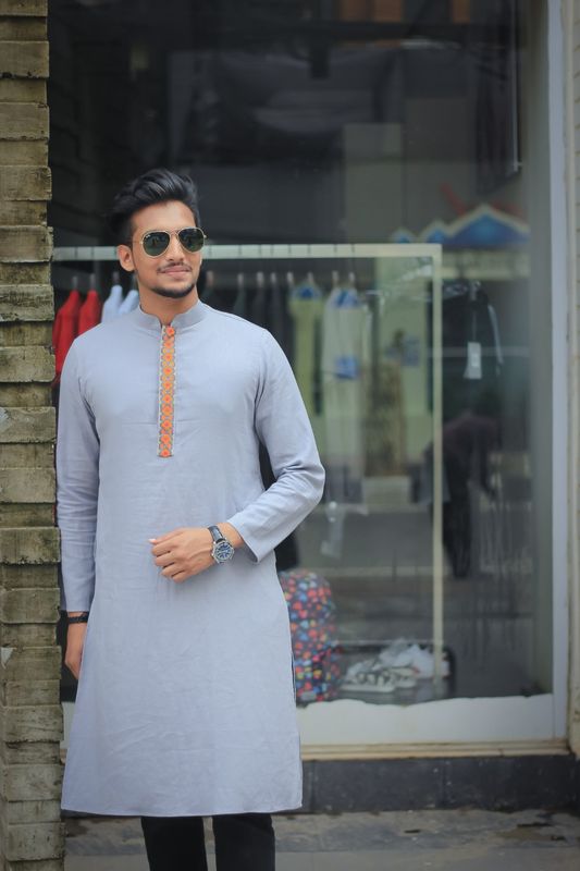 Men's Embroidery Panjabi - Ash Orange