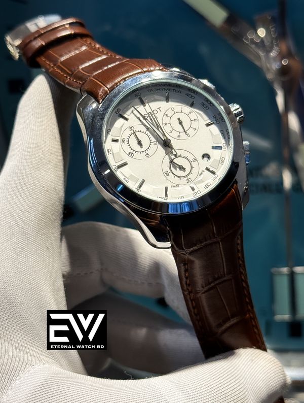 TISSOT CHONO BROWN BELT WHITE DIAL SILVER CASE