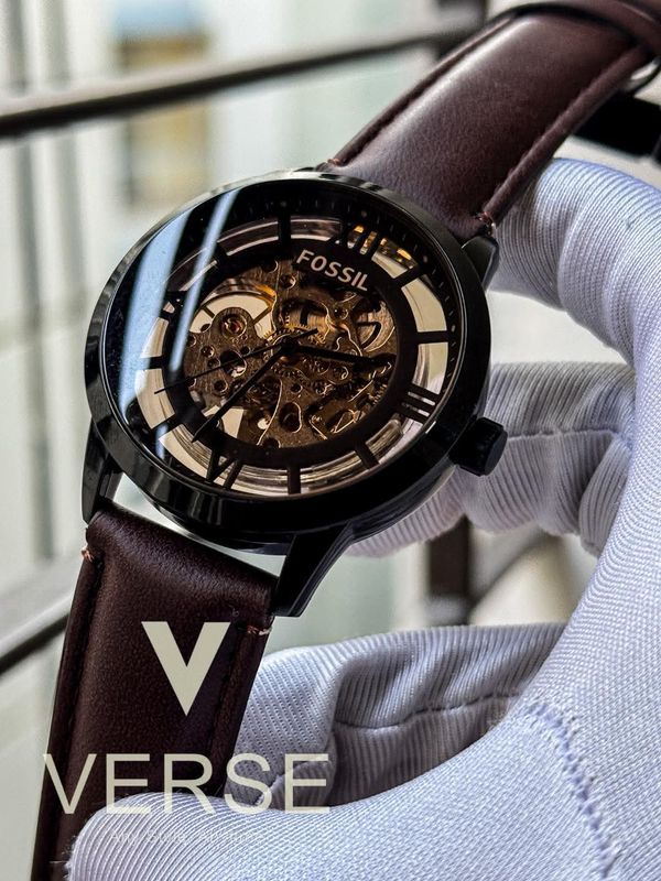 Fossil Automatic Brown Belt Skeleton Brown Dial