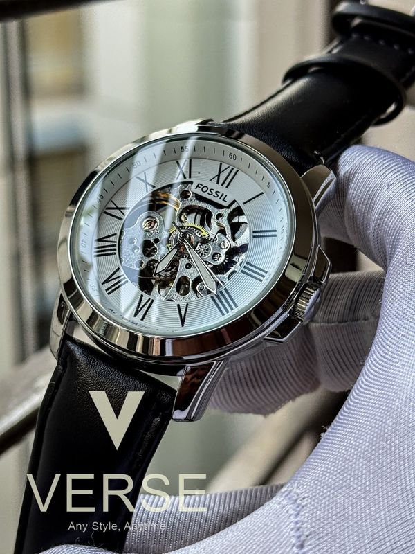 Fossil Grant Automatic Black Belt White Dial Silver Case
