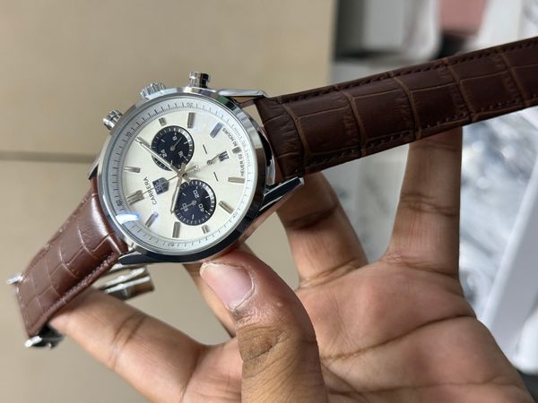 TAG BELT 2 CHRONO SILVER BODY BROWN BELT,WHITE DIAL,BLACK SUB