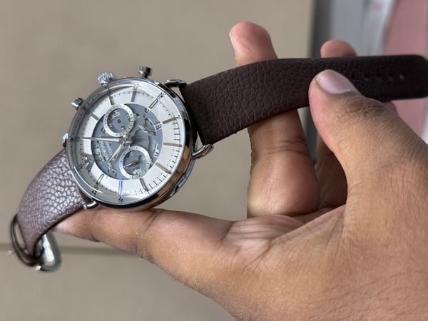 ARMANI OVAL GLASS SILVER CASE WHITE DIAL BROWN BELT