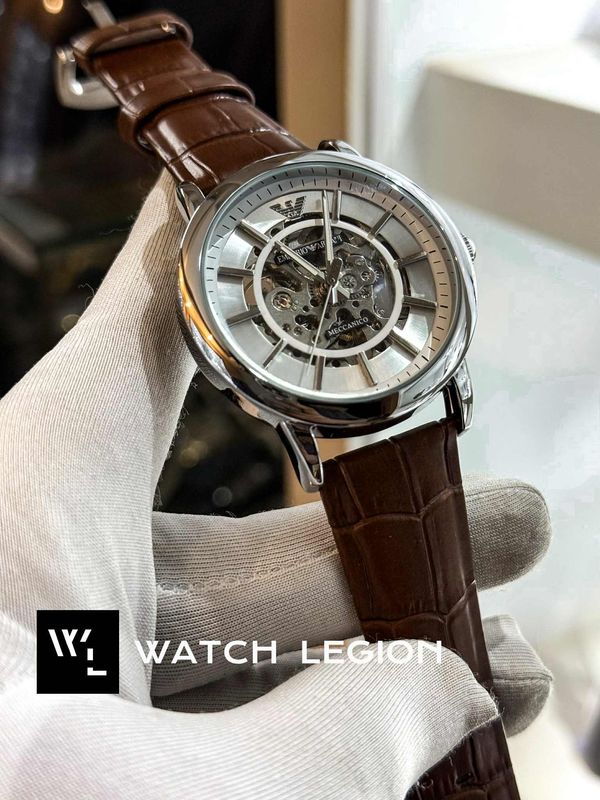 ARMANI AUTO BELT SILVER BROWN WHITE DIAL