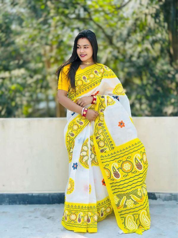 হাফসিল্ক চুন্ডী শাড়ি – স্কিন প্রিন্ট, টারসেল আঁচল ও আলাদা ব্লাউজ পিসসহ