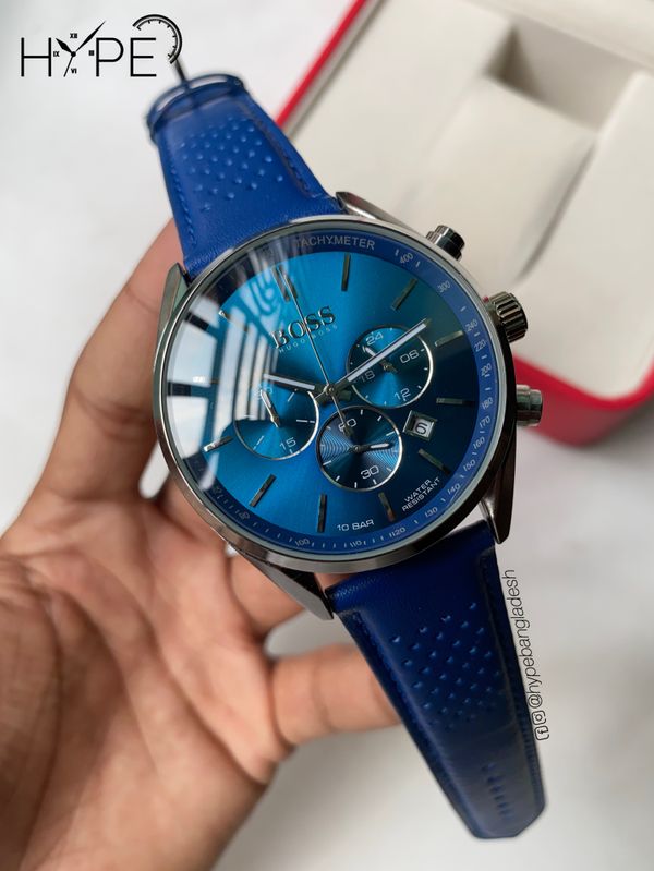 Hugo Boss mens chronograph watch in leather belt (Blue)