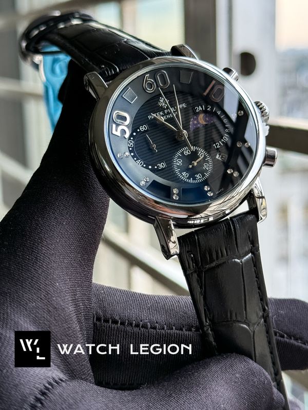 PATEK TRI DIGIT SILVER CASE BLACK DIAL BLACK BELT